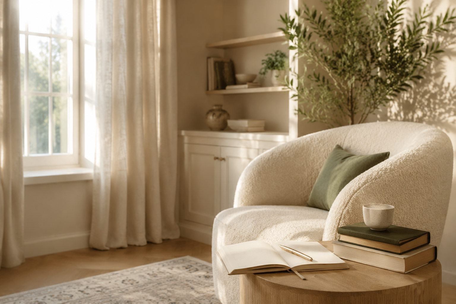 A warm, peaceful room with a chair, journal, books, and natural light