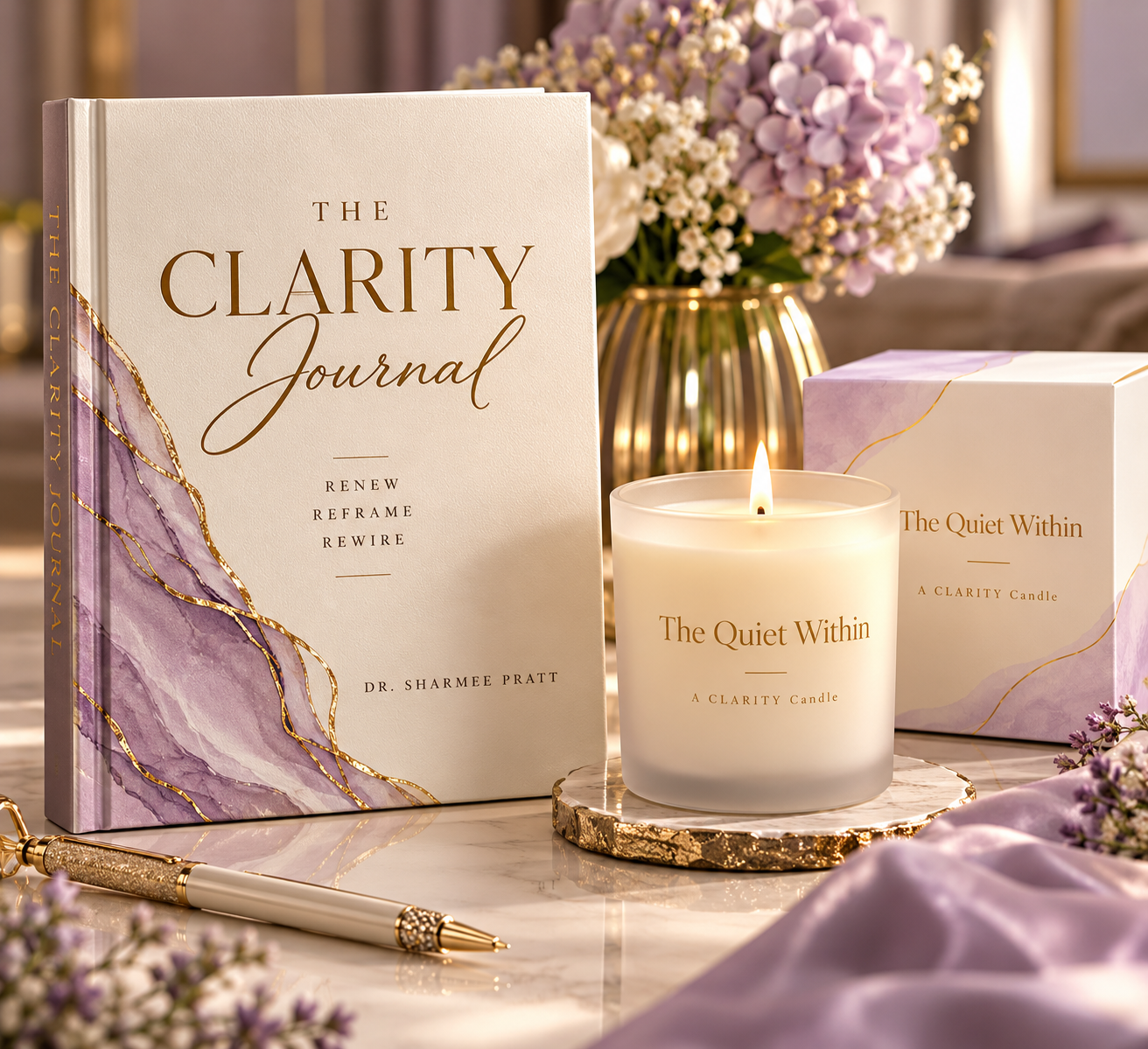 The Clarity Journal alongside The Quiet Within — A CLARITY Candle in the approved ivory, lavender marble and gold presentation
