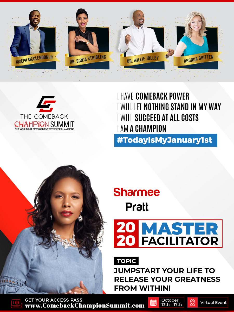Official Comeback Champion Summit artwork identifying Sharmee Pratt as a 2020 Master Facilitator