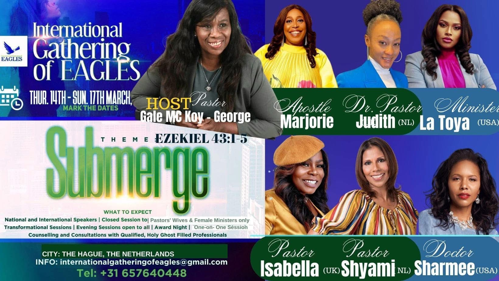 Official International Gathering of Eagles Submerge event flyer identifying Doctor Sharmee USA among national and international speakers in The Hague, Netherlands