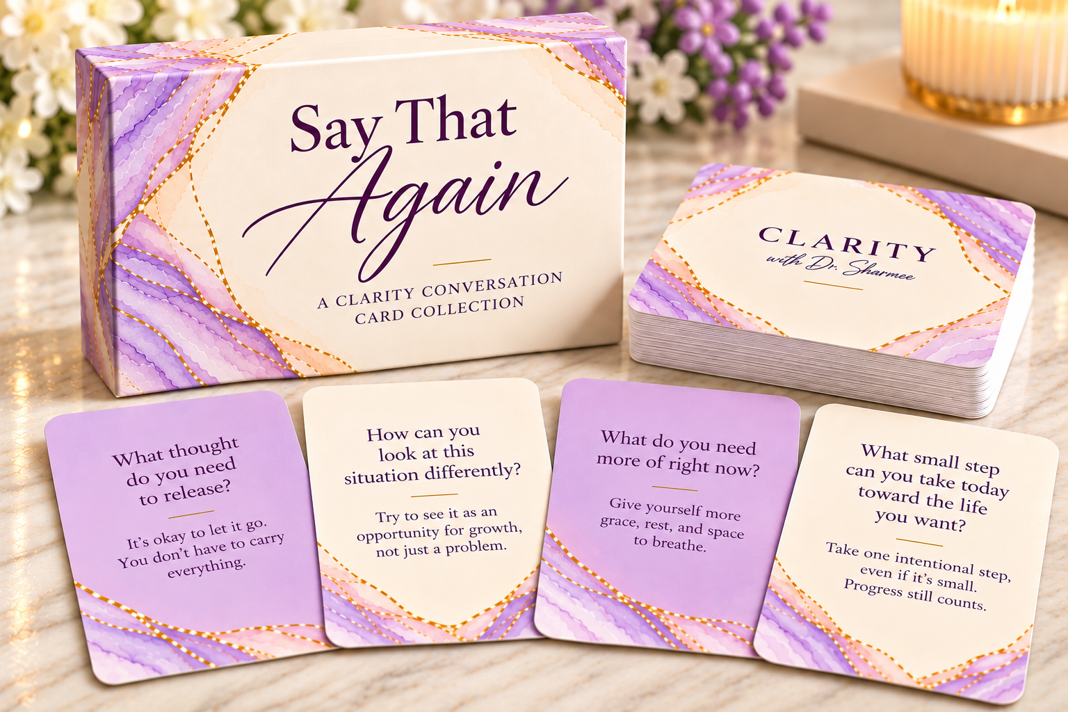 Approved Say That Again ivory-and-lavender marble box with gold accents, branded card backs and four question-and-answer card fronts